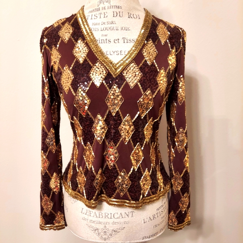 VTG Victoria Royal Ltd Sequin Brown Gold Top Sz 6